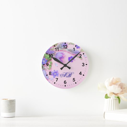 Personalized Floral Monogram Wall Clock – Custom  ラウンド壁時計 (ホーム)