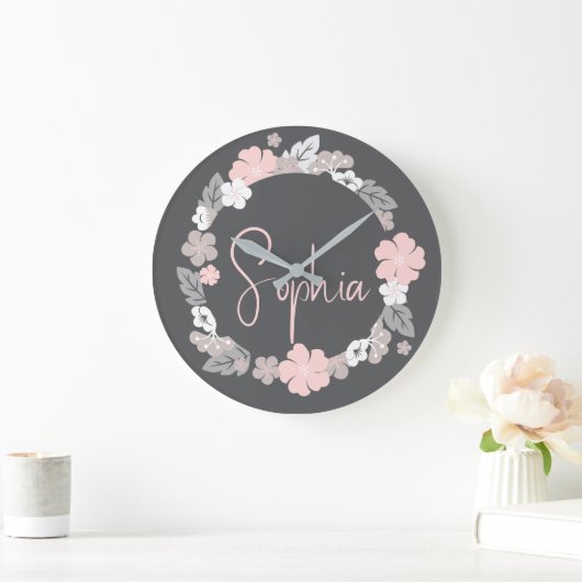 Personalized Floral Name Pink ラージ壁時計 (ホーム)