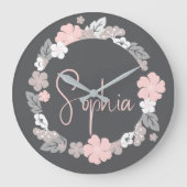 Personalized Floral Name Pink ラージ壁時計 (正面)