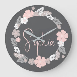 Personalized Floral Name Pink ラージ壁時計
