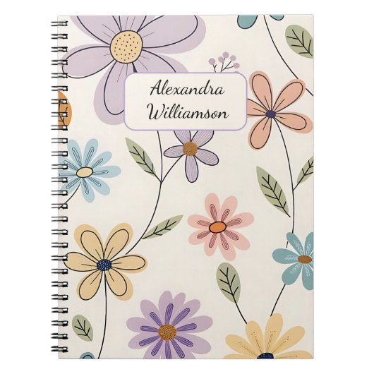 Personalized Floral Notebook – Custom Name Pastel ノートブック (正面)
