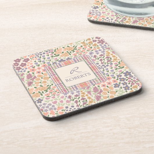 Personalized Floral & Plaid Coaster Set コースター (左側)