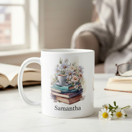 Personalized Floral Stacked Books コーヒーマグカップ