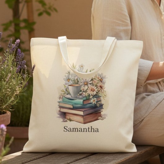 Personalized Floral Stacked Books トートバッグ