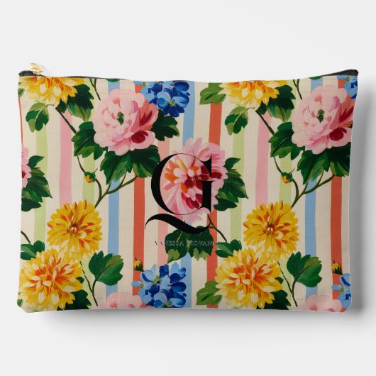 Personalized Floral Stripe Monogram アクセサリーポーチ (正面)