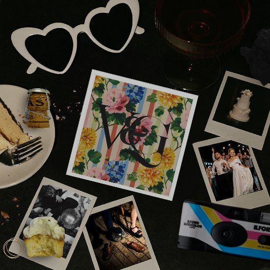 Personalized Floral Stripe Wedding Monogram スタンダードカクテルナプキン