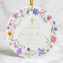 Personalized Floral Wildflower Baptism Photo セラミックオーナメント