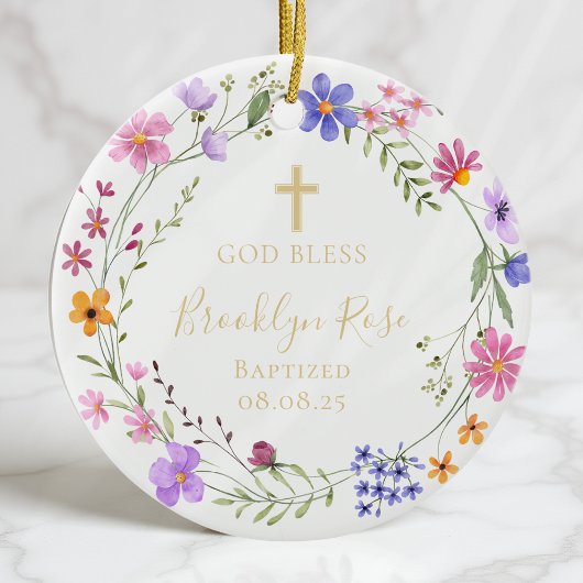 Personalized Floral Wildflower Baptism Photo セラミックオーナメント
