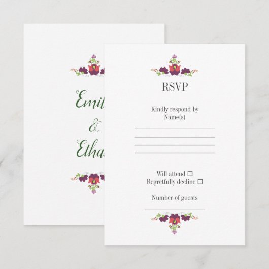 Personalized Folk Floral Wedding RSVP Card (正面/裏面)