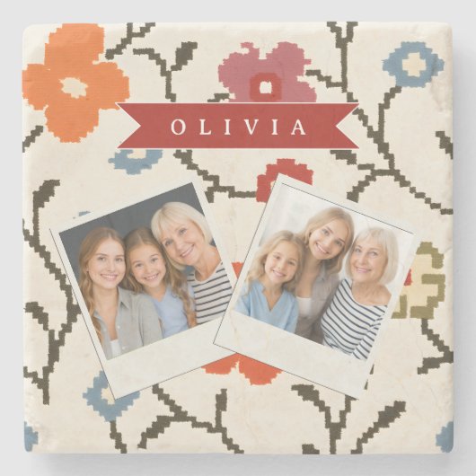 Personalized Folk Scandi Boho Vintage Floral  ストーンコースター (正面)