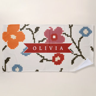 Personalized Folk Scandi Boho Vintage Floral  ビーチタオル