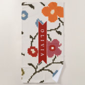 Personalized Folk Scandi Boho Vintage Floral  ビーチタオル (正面)