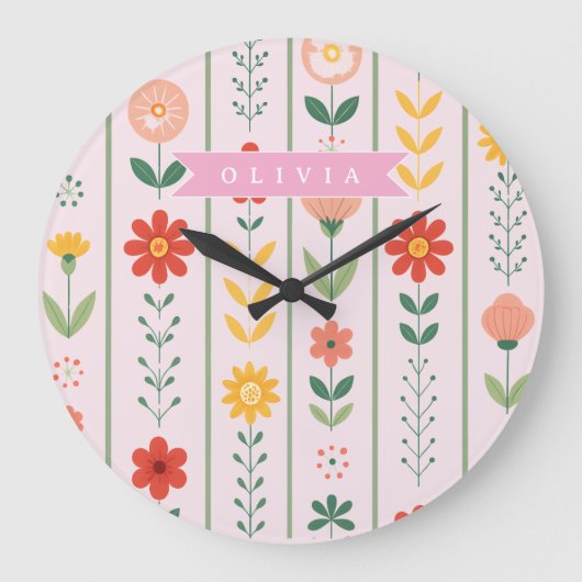 Personalized folk scandinavian floral pattern ラージ壁時計 (正面)