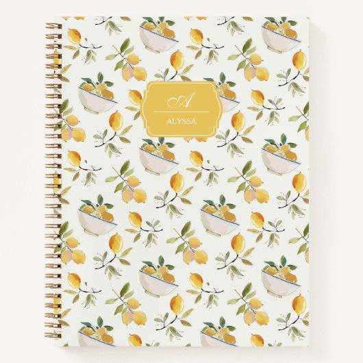 Personalized French Country Lemon Pattern Monogram ノートブック (正面)