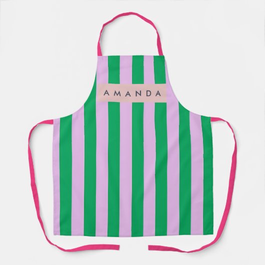 Personalized Fresh Green and Pink Striped Retro エプロン (正面)