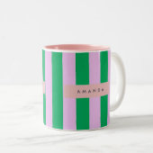 Personalized Fresh Green and Pink Striped Retro ツートーンマグカップ (正面右)