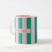 Personalized Fresh Green and Pink Striped Retro ツートーンマグカップ (正面左)