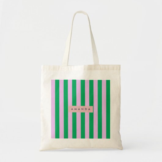Personalized Fresh Green and Pink Striped Retro トートバッグ (正面)
