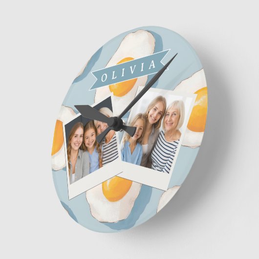 Personalized Fried Egg Pattern Fun Blue Funny ラウンド壁時計 (傾斜)