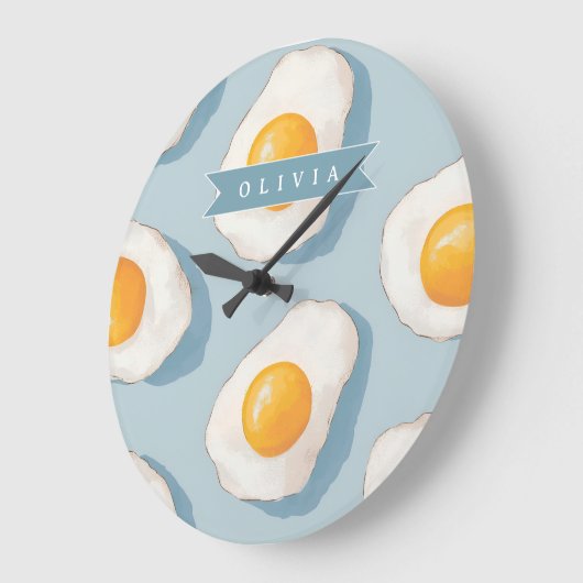 Personalized Fried Egg Pattern Fun Blue Funny  ラージ壁時計 (傾斜)
