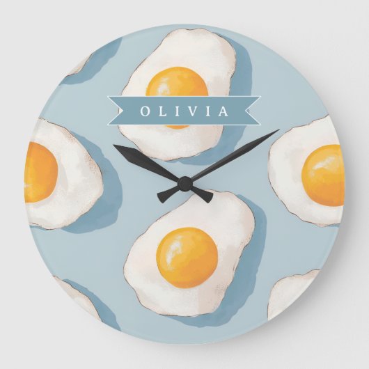 Personalized Fried Egg Pattern Fun Blue Funny  ラージ壁時計 (正面)