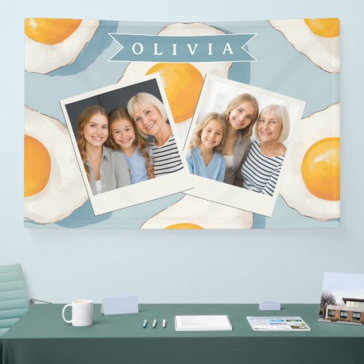 Personalized Fried Egg Pattern Fun Blue Funny  横断幕 (トレードショー)