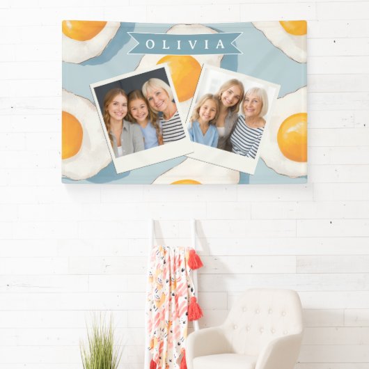 Personalized Fried Egg Pattern Fun Blue Funny  横断幕 (インサイチュ)