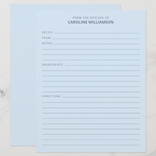 Personalized From the Kitchen of Name Blue Recipe (正面/裏面)