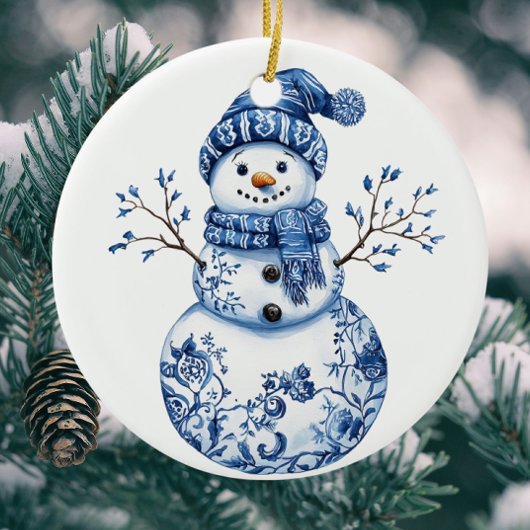 Personalized Fun Chinoiserie Blue White Snowman セラミックオーナメント