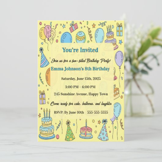 Personalized Fun Doodle Art Kids Birthday Party 招待状 (スタンド正面)
