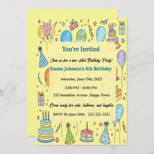 Personalized Fun Doodle Art Kids Birthday Party 招待状 (正面/裏面)