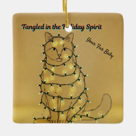 Personalized Funny Cat Tangled in Lights セラミックオーナメント (正面)