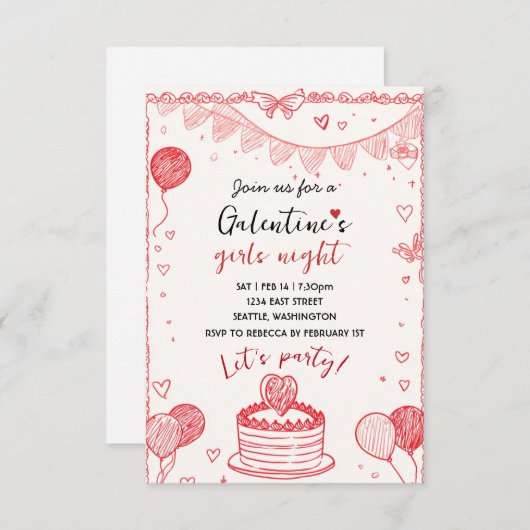 Personalized Galentines Girls Night Invitation 出欠カード (正面/裏面)