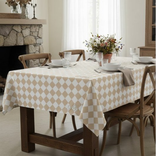 Personalized Gingham Tablecloth, White and Beige テーブルクロス