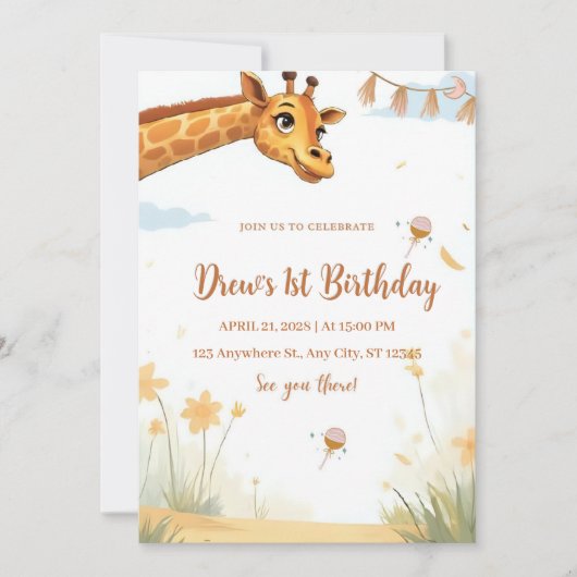 Personalized Giraffe Safari Birthday Invitation 招待状 (正面)