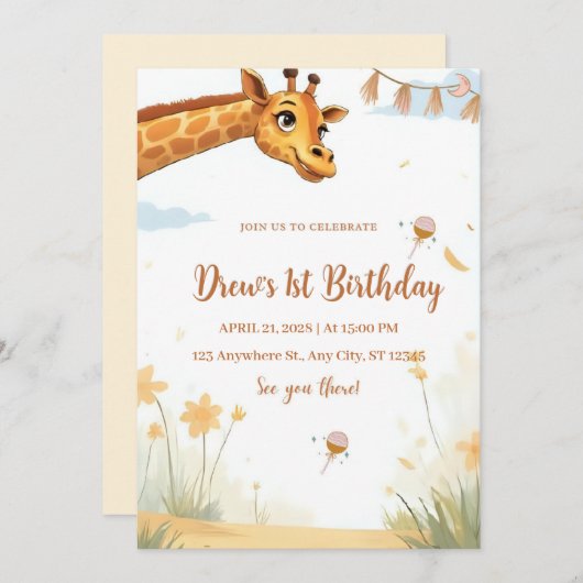 Personalized Giraffe Safari Birthday Invitation 招待状 (正面/裏面)