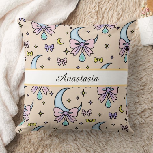 Personalized Girl Cute Bow Name Moons Peach クッション (ブランケット)