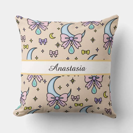 Personalized Girl Cute Bow Name Moons Peach クッション (正面)