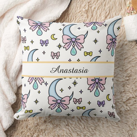 Personalized Girl Cute Bow Name Moons White クッション (ブランケット)