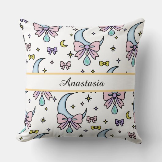 Personalized Girl Cute Bow Name Moons White クッション (正面)