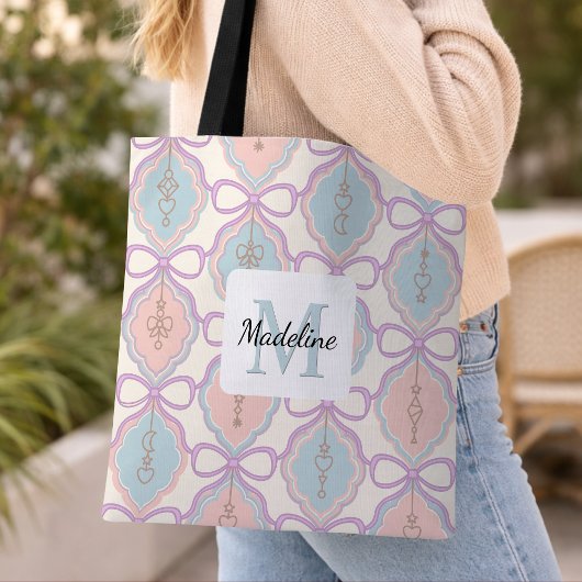Personalized Girl Pastel Cute Bow Name Blue Pink トートバッグ
