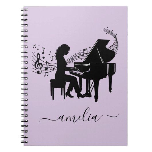 Personalized Girl Pianist Silhouette Music Notes   ノートブック (正面)