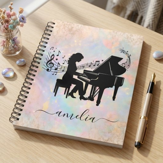 Personalized Girl Pianist Silhouette Music Notes   ノートブック