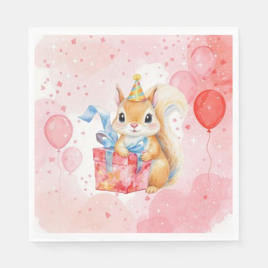 Personalized Girl's Birthday Squirrel Pink and Red スタンダードランチョンナプキン (正面)