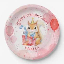 Personalized Girl's Birthday Squirrel Pink and Red ペーパープレート