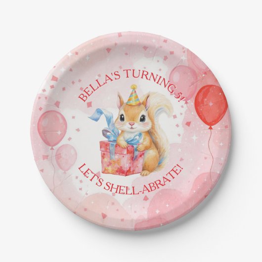 Personalized Girl's Birthday Squirrel Pink and Red ペーパープレート (正面)