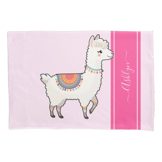 Personalized Girls Hot Pink Cute Rainbow Llama 枕カバー (正面左)