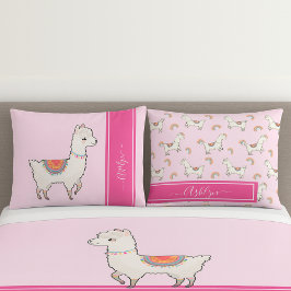Personalized Girls Hot Pink Cute Rainbow Llama 枕カバー