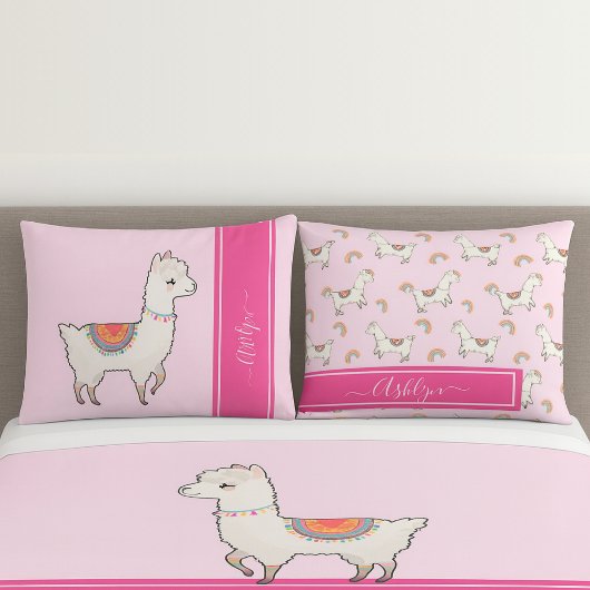 Personalized Girls Hot Pink Cute Rainbow Llama 枕カバー