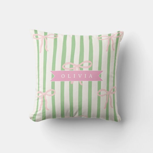 Personalized Girly Coquette Green Stripe Bow クッション (正面)